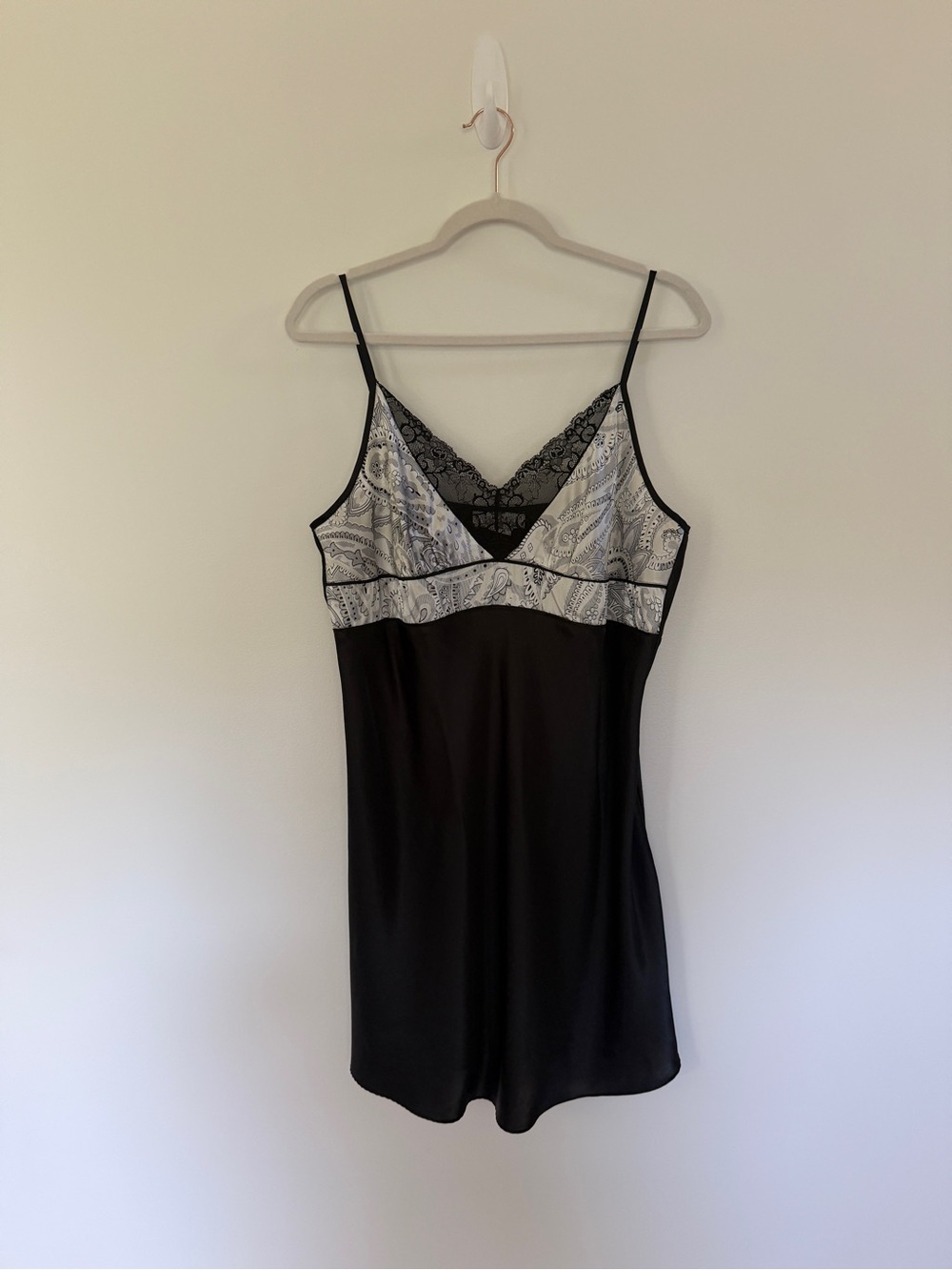 Morgan Taylor Black Satin Chemise with Ivory Printed Bodice and Lace
